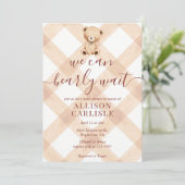 014 Latte Tan Teddybeer Gingham Babyshower Kaart (Staand voorkant)