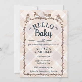 014 Latte Waterverf Gingham Vogels Baby Shower Kaart