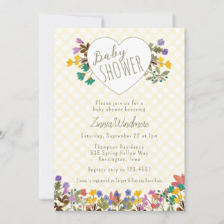 015 Gele Gingham Tuin Hart Bloemen Baby Shower Kaart