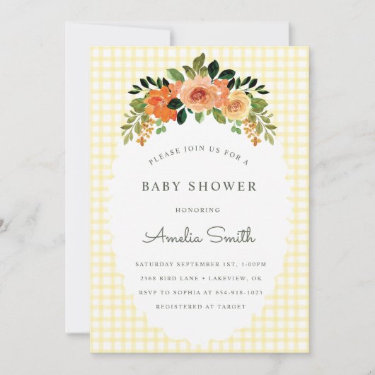 015 Lemon Floral Gingham Baby Shower Invitations Kaart (Voorkant)