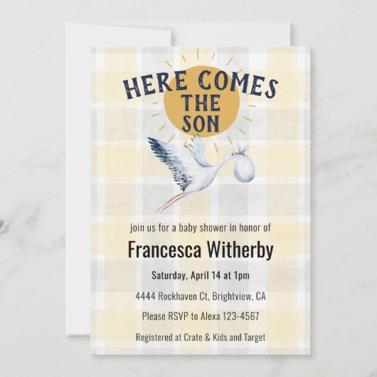 016 Marigold 020 Fog Sun Plaid Stork Baby Shower Kaart (Voorkant)