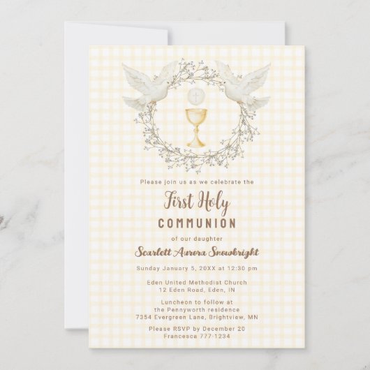 016 Marigold Dove & Chalice Gingham Eerste Communi Kaart (Voorkant)