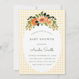 016 Marigold Floral Gingham Baby Shower Invitation Kaart