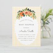 016 Marigold Floral Gingham Baby Shower Invitation Kaart (Staand voorkant)