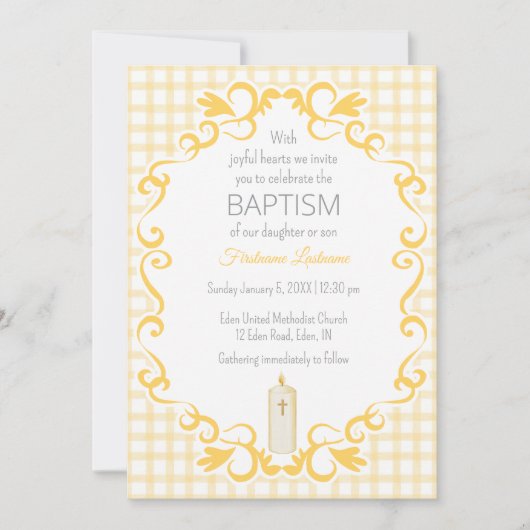 016 Marigold Scroll Gingham Kruis Kaars Doopfeest Kaart (Voorkant)