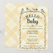 016 Marigold Watercolor Gingham Birds Baby Shower Kaart (Voorkant / Achterkant)