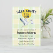 017 Mos Gingham Plaid Ooievaar Boho Baby Shower Kaart (Staand voorkant)