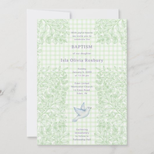 017 Mosduif botanische kruis gingham doop Kaart (Voorkant)