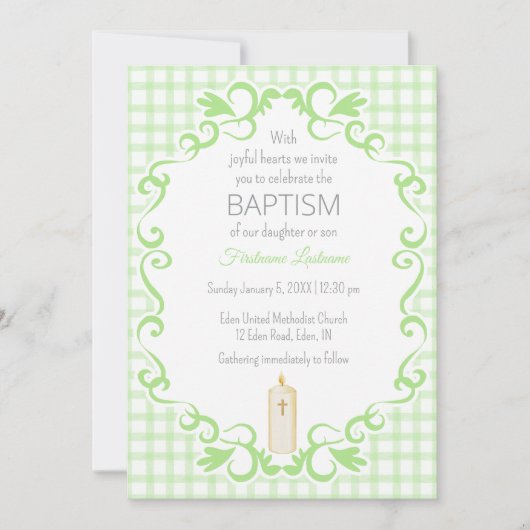 017 mosgroene scroll gingham kruis kaars doop kaart (Voorkant)