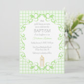 017 mosgroene scroll gingham kruis kaars doop kaart (Staand voorkant)