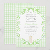017 mosgroene scroll gingham kruis kaars doop kaart (Voorkant / Achterkant)