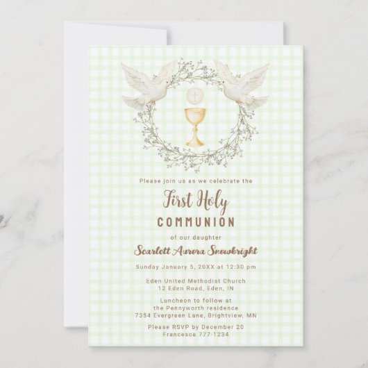 017 Moss Dove & Chalice Gingham Eerste Communie Kaart (Voorkant)