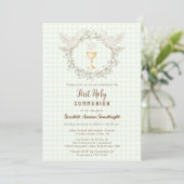 017 Moss Dove & Chalice Gingham Eerste Communie Kaart (Staand voorkant)