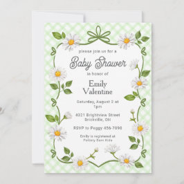 017 Moss Green Floral Daisy Plaid Baby Shower Kaart
