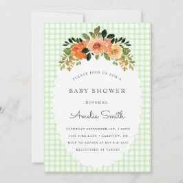 017 Moss Green Gingham Baby Shower Invitations Kaart