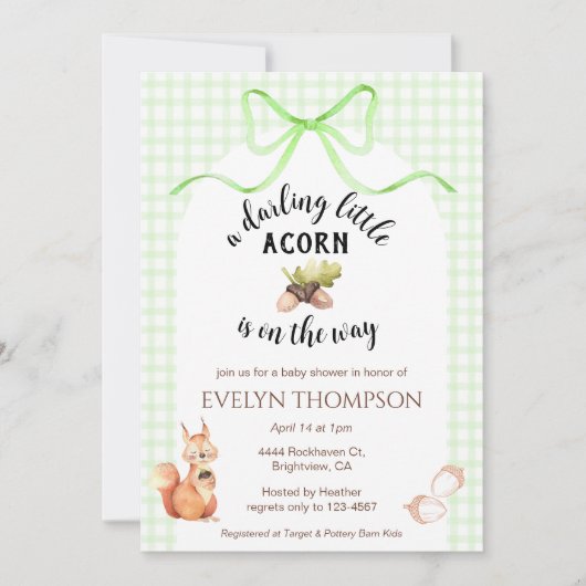 017 Moss Green Squirrel Acorn Gingham Baby Shower Kaart (Voorkant)