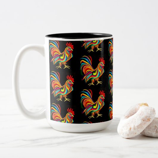 0180 - Rooster-Mok Tweekleurige Koffiemok (Met donut)