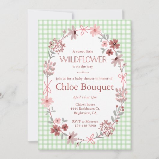 018 Gras Groene Wilde Bloem Boog Gingham Baby Show Kaart (Voorkant)