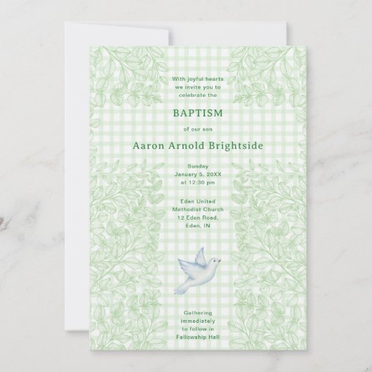 018 Grasduif Botanische Kruis Gingham Doop Kaart (Voorkant)