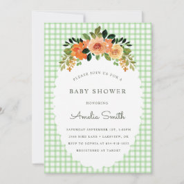 018 Grass Green Gingham Baby Shower Invitations Kaart