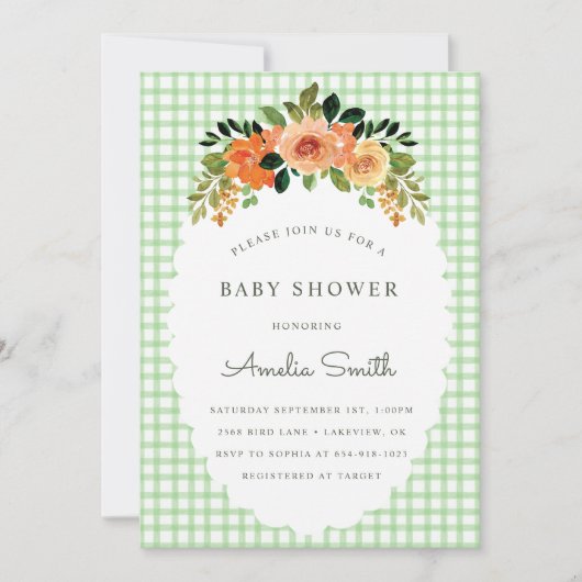 018 Grass Green Gingham Baby Shower Invitations Kaart (Voorkant)