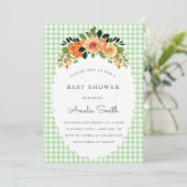 018 Grass Green Gingham Baby Shower Invitations Kaart (Staand voorkant)