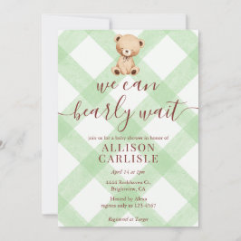 018 Grass Green Teddy Bear Gingham Baby Shower Kaart