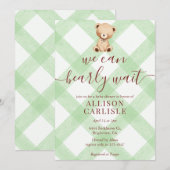018 Grass Green Teddy Bear Gingham Baby Shower Kaart (Voorkant / Achterkant)