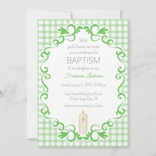 018 Grass Scroll Gingham Cross Candle Baptism Kaart (Voorkant)