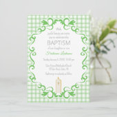018 Grass Scroll Gingham Cross Candle Baptism Kaart (Staand voorkant)