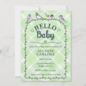 018 Grass Watercolor Gingham Birds Baby Shower Kaart (Voorkant)