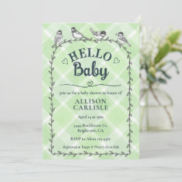 018 Grass Watercolor Gingham Birds Baby Shower Kaart