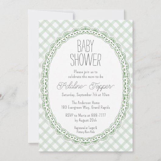 019 Bos Oud Kant Frame Gingham Baby Shower Kaart (Voorkant)