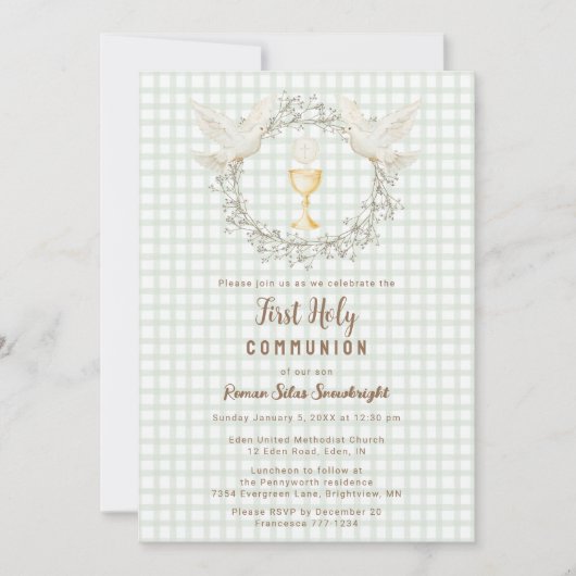 019 Forest Dove & Chalice Gingham Eerste Communie Kaart (Voorkant)