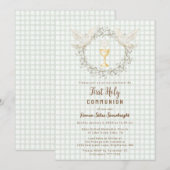 019 Forest Dove & Chalice Gingham Eerste Communie Kaart (Voorkant / Achterkant)