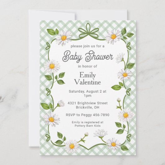 019 Forest Green Floral Daisy Plaid Baby Shower Kaart (Voorkant)