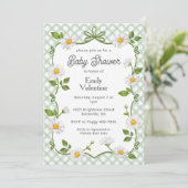 019 Forest Green Floral Daisy Plaid Baby Shower Kaart (Staand voorkant)
