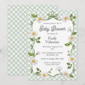 019 Forest Green Floral Daisy Plaid Baby Shower Kaart (Voorkant / Achterkant)