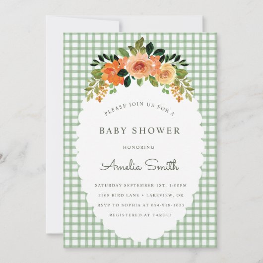 019 Forest Green Gingham Baby Shower Invitations Kaart (Voorkant)
