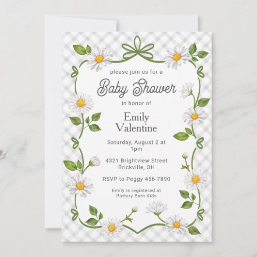 020 Fog Grey Floral Daisy Plaid Baby Shower Kaart (Voorkant)