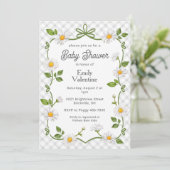 020 Fog Grey Floral Daisy Plaid Baby Shower Kaart (Staand voorkant)