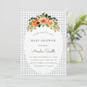 020 Fog Grey Floral Gingham Baby Shower Invitation Kaart (Staand voorkant)