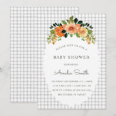 020 Fog Grey Floral Gingham Baby Shower Invitation Kaart (Voorkant / Achterkant)