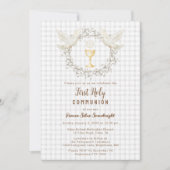 020 Grijs Dove & Chalice Gingham Eerste Communie Kaart (Voorkant)