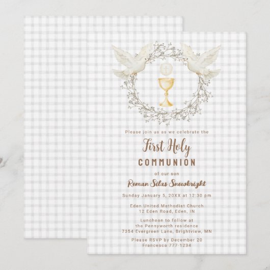 020 Grijs Dove & Chalice Gingham Eerste Communie Kaart (Voorkant / Achterkant)