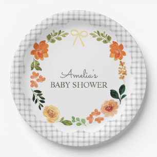 020 Mistgrijs Bloemengingham Baby Shower Papieren Bordje