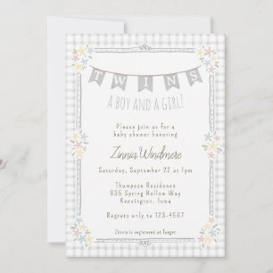 020 Mistgrijs Gingham Bloemen Tweeling Baby Borrel Kaart