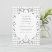 020 Mistgrijs Scroll Gingham Kruis Kaars Doop Kaart (Staand voorkant)