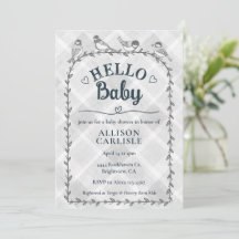 020 Mistgrijs Waterverf Gingham Vogels Baby Shower