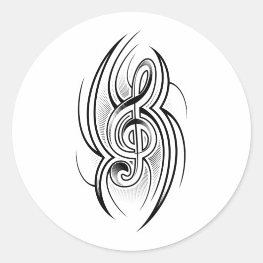 028 ZWARTE WIT TREBLE CLEF TATTOO VECTOR DESIGN M RONDE STICKER (Voorkant)
